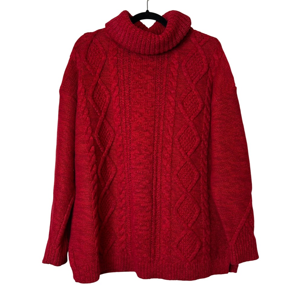 Lands End Cable Knit Turtleneck Sweater Womens Cotton Wool Chunky Knit L Preppy